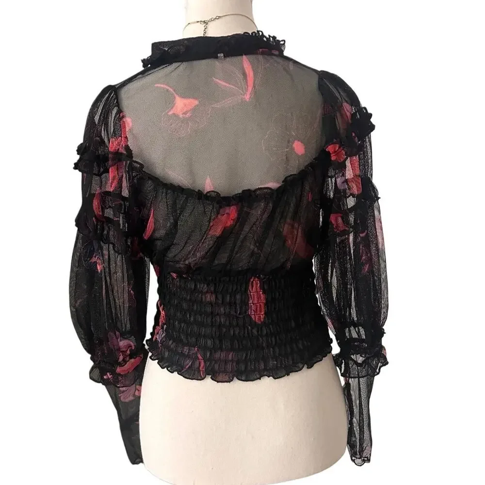 Free People Women’s Sheer Floral Rudfled Buttons Blouse Size XS - Picture 2 of 5